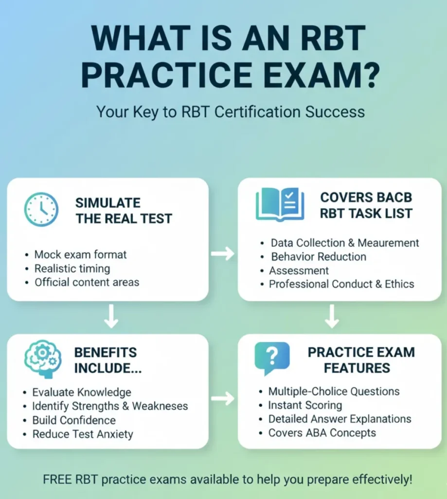 infographic visual guide to the RBT practice exam, detailing how it simulates the real test, covers ABA concepts, helps evaluate knowledge, and builds confidence for the official RBT certification exam.